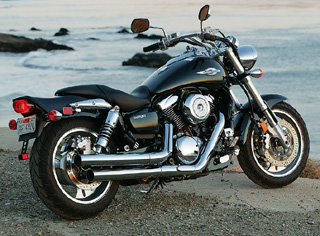 You can tell it's a Suzuki Marauder by the tailsection. The similar Kawasaki Mean Streak has a conventional fender; otherwise the core bike is obvious. The engine is mostly the same as the 1600 Classic's.